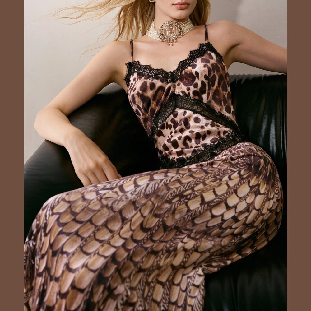 Leopard and Feather Print Scalloped Lace Trim Spaghetti Strap Maxi Dress